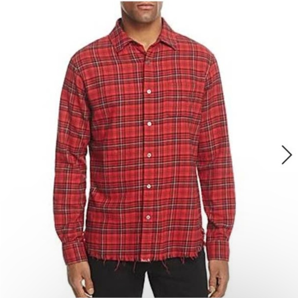 Frame Men’s Red Plaid Check Buttoned Front 100% Cotton Frayed Hem Shirt Size S